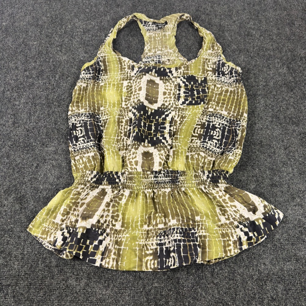Bebe Olive Green Snakeskin Print Peplum Racerback Tank Top Smocked Waist Large